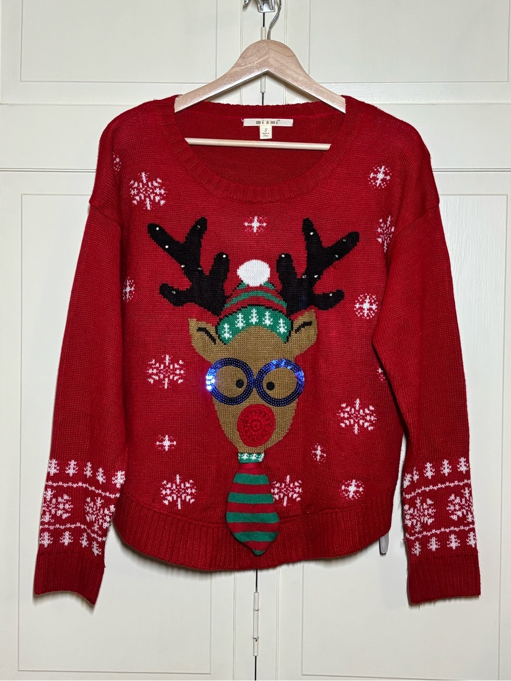 miami Red Reindeer Christmas Sweater with Sequined Details and Light Up Antlers